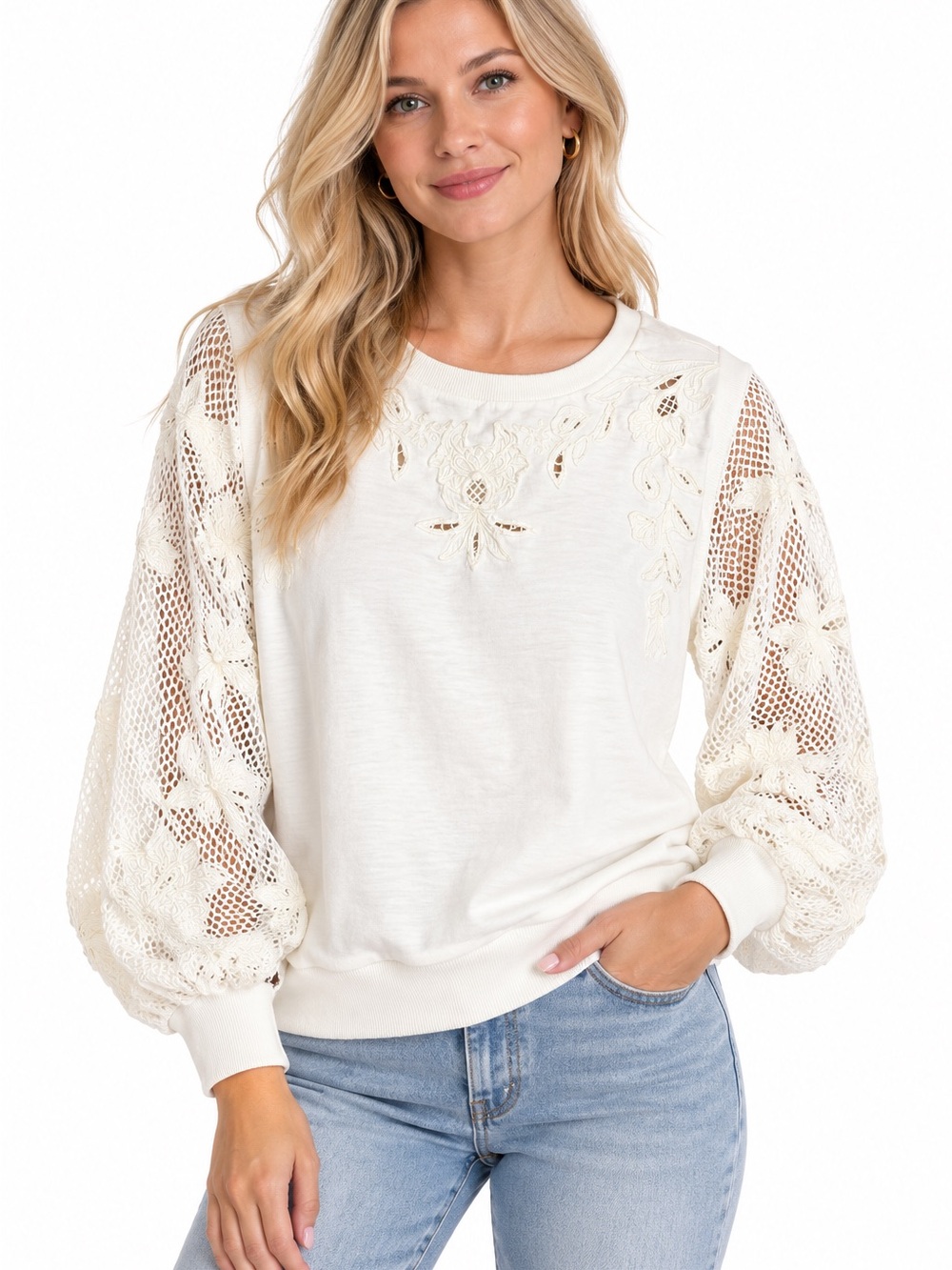 By Anthropologie Cream Lace Balloon-Sleeve Crewneck Sweatshirt Sz XL Boho